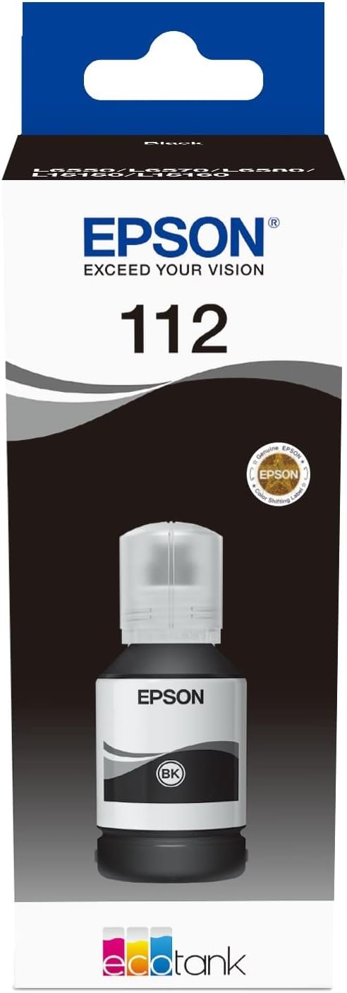 Epson 112 Ecotank Pigment Black Ink Bottle, Compatible with L6490, L15150